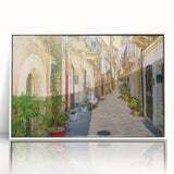 Mid-century modernist art depicting the Sicilian coastline in muted blue and white tones, framed acrylic print.