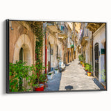 Black and white framed canvas of a Sicilian landscape, ideal for bedroom wall art with a vintage poster style.