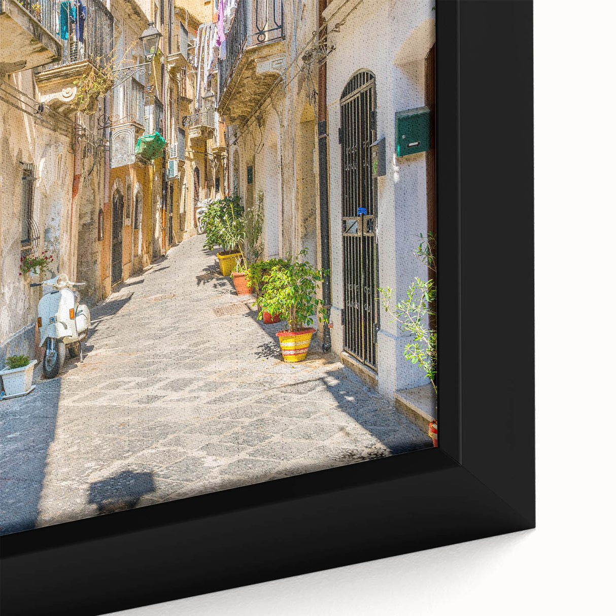 Textured black wall art of a Sicilian landscape on framed canvas, featuring colorful accents, ideal for living room decor.