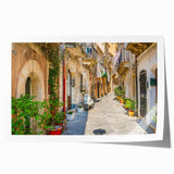 Rolled print of Sicilian landscape with vibrant floral elements, ideal for art wall dining room decor.