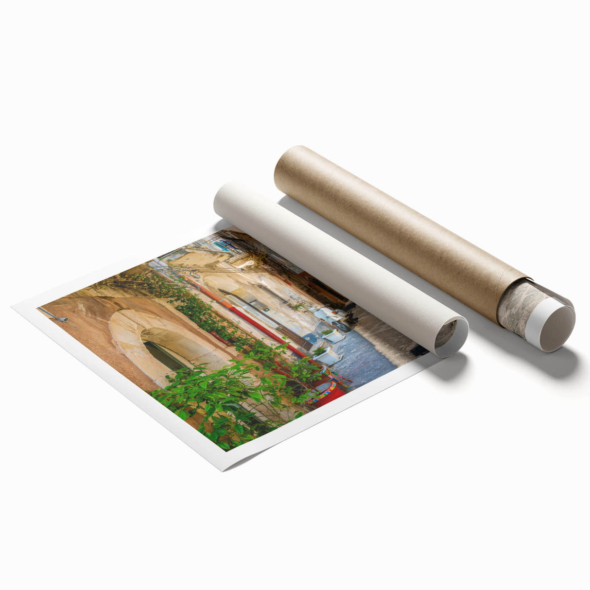 Rolled print of Sicilian landscape with vibrant floral foreground on large canvas, ideal for classy bathroom wall art.