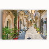 Black and white stretched canvas featuring a serene Sicilian landscape, ideal for kitchen wall art or bedroom decor.