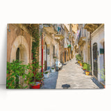 Black and white stretched canvas of Sicilian landscape, ideal for kitchen wall art.