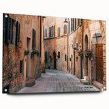 Acrylic print of a Tuscan landscape in muted earth tones, ideal for dining room decor.