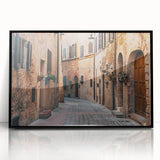 Mid-century modernist Tuscan landscape in muted earth tones, large acrylic print framed in black, ideal for dining room art.
