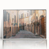Mid-century modernist art depicting the Tuscany landscape in muted earth tones on a framed acrylic.