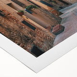 Art deco poster of Tuscany landscape in muted earth tones on rolled canvas, suitable for dining room wall art.