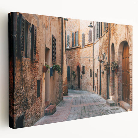 Stretched canvas depicting a Tuscan landscape in warm earth tones, ideal for kitchen wall art.
