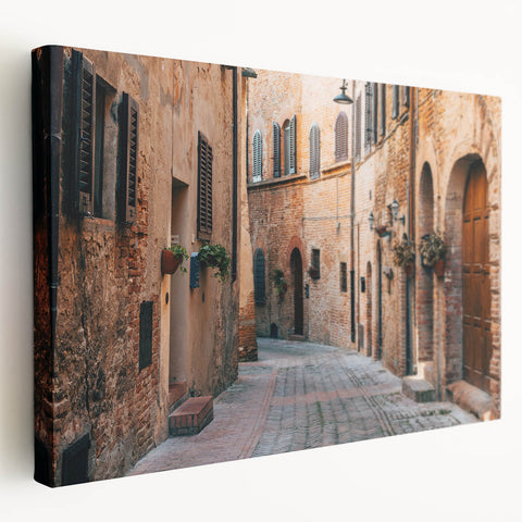 Stretched canvas depicting a Tuscan landscape in warm earth tones, ideal for kitchen wall art.
