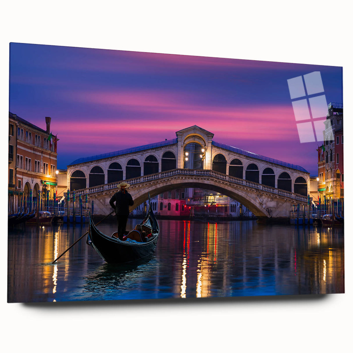 Large abstract depiction of Venice on acrylic glass, in muted blue and grey tones, suitable for bedroom or dining room art.