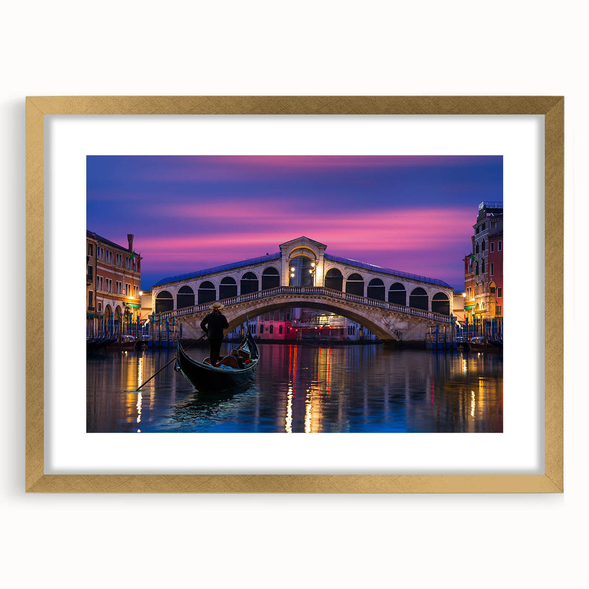 Abstract art print of Venice scenery in muted gold and blue tones on a framed canvas, ideal for dining room decor.