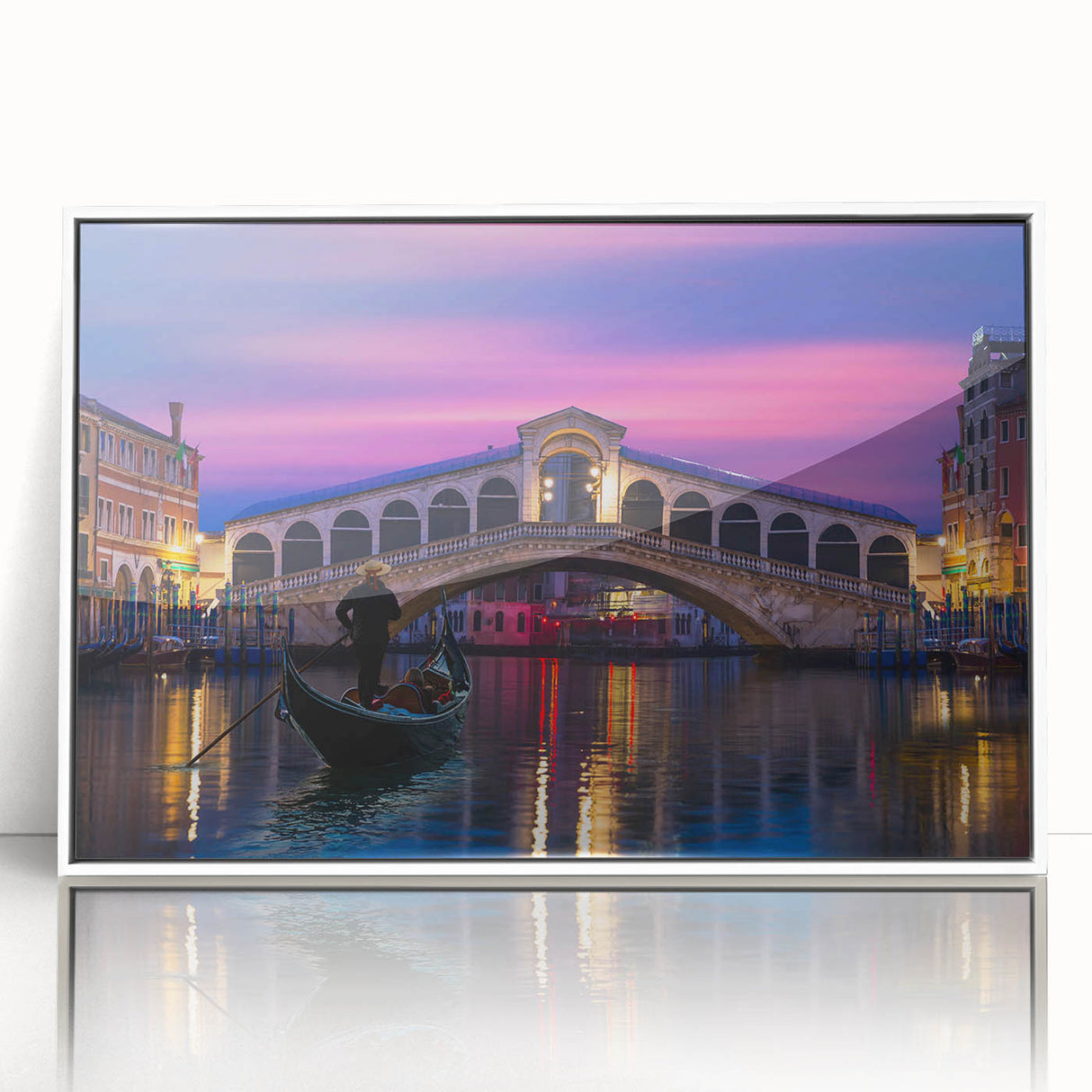 Acrylic print of Venice scenery in muted pastel colors, framed in white.