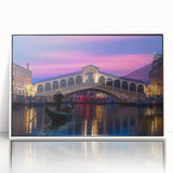 Acrylic print of Venice scenery in muted pastel colors, framed in white.