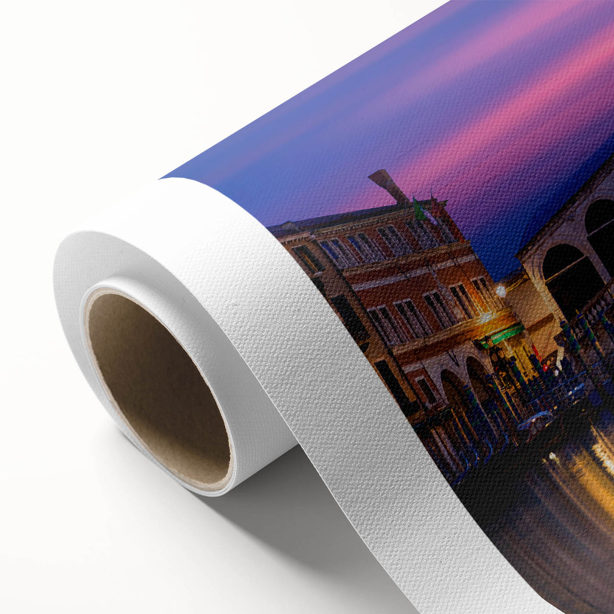 Art deco poster of Venice scenery in muted watercolor shades on rolled canvas.