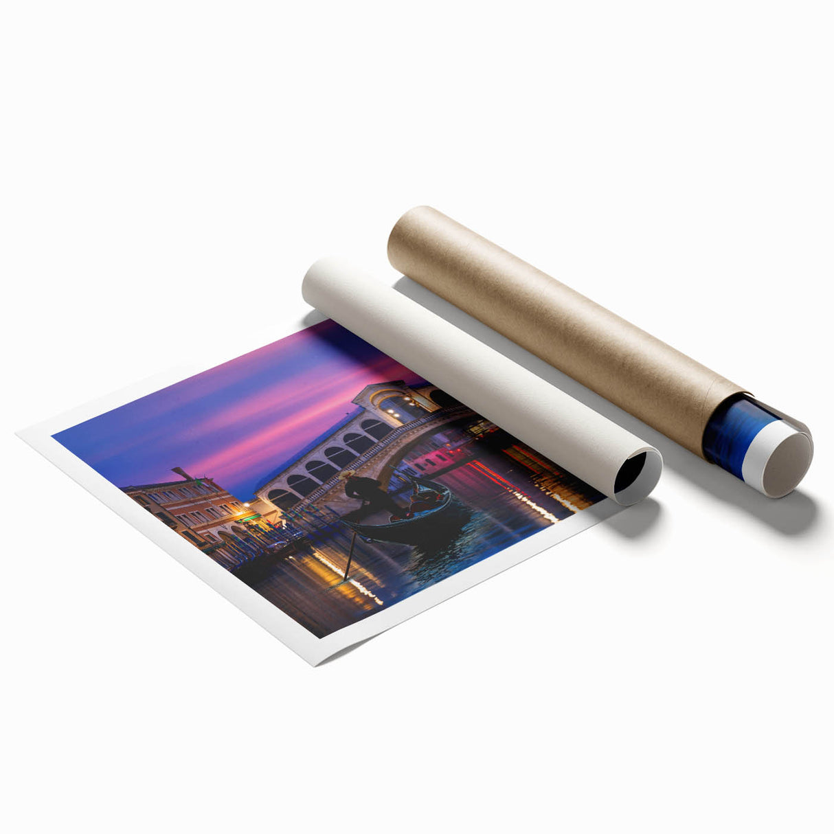Extra large rolled print depicting a serene Venice canal scene with soft pastel shades, ideal for classy bathroom wall art.