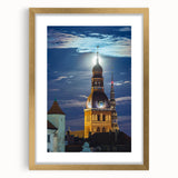 Abstract art print of a European landscape in gold frame, with muted earth tones, ideal for dining room decor.