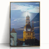 Art deco poster of a European cityscape in Latvia, framed in gold acrylic, ideal for modern art wall decor.