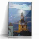 Mid-century modernist art of a European cityscape in muted colors on a framed acrylic, suitable for nursery wall art.