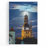 Black and white photograph of a European cityscape on stretched canvas, ideal for kitchen wall art.