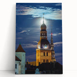 Black and white photograph of a European cityscape on large stretched canvas, suitable for kitchen wall art.