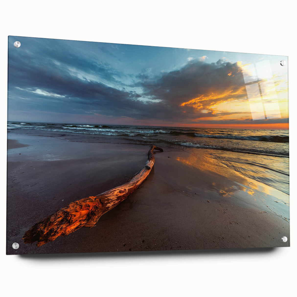 Acrylic print of a serene Lithuanian landscape in muted green and blue tones, suitable for dining room or bedroom decor.