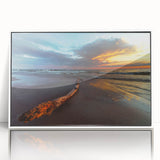 Mid-century modernist art depicting a serene Lithuanian landscape in muted greens and blues on a framed acrylic panel.