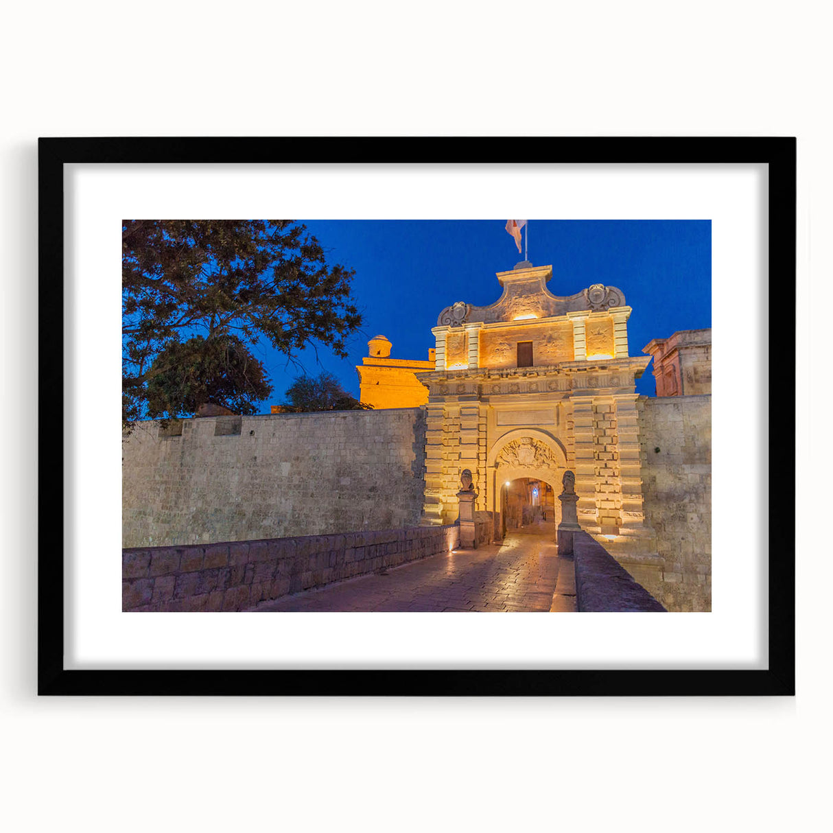 Colorful abstract art print of a European Malta scenery in vibrant hues on a textured, extra large canvas, framed in black.