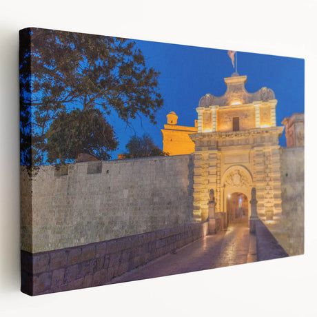 Large, stretched canvas wall art depicting a scenic European landscape in Malta with vibrant blue and green tones.