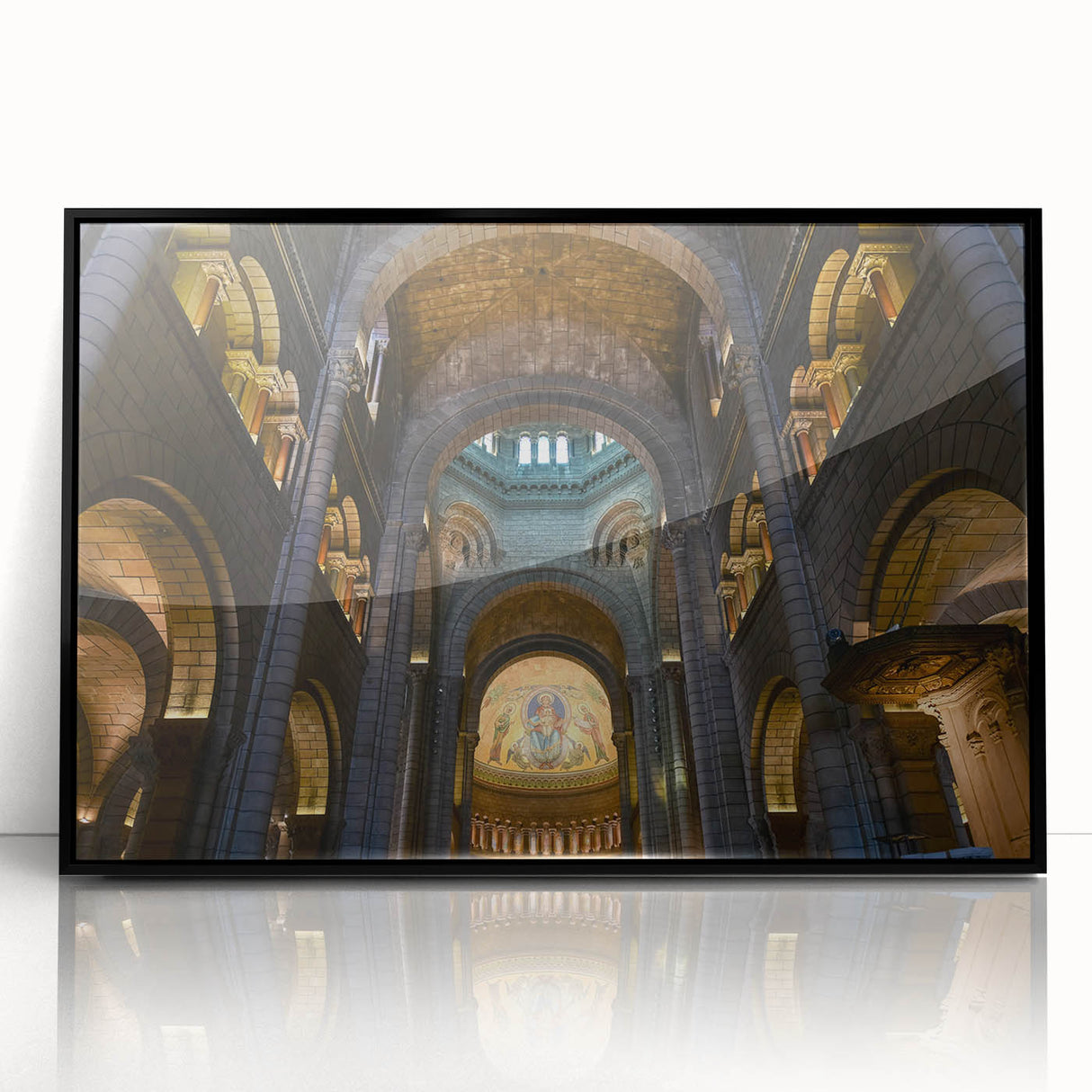 Large abstract wall art depicting a European Monaco scenery in muted earth tones on framed acrylic.