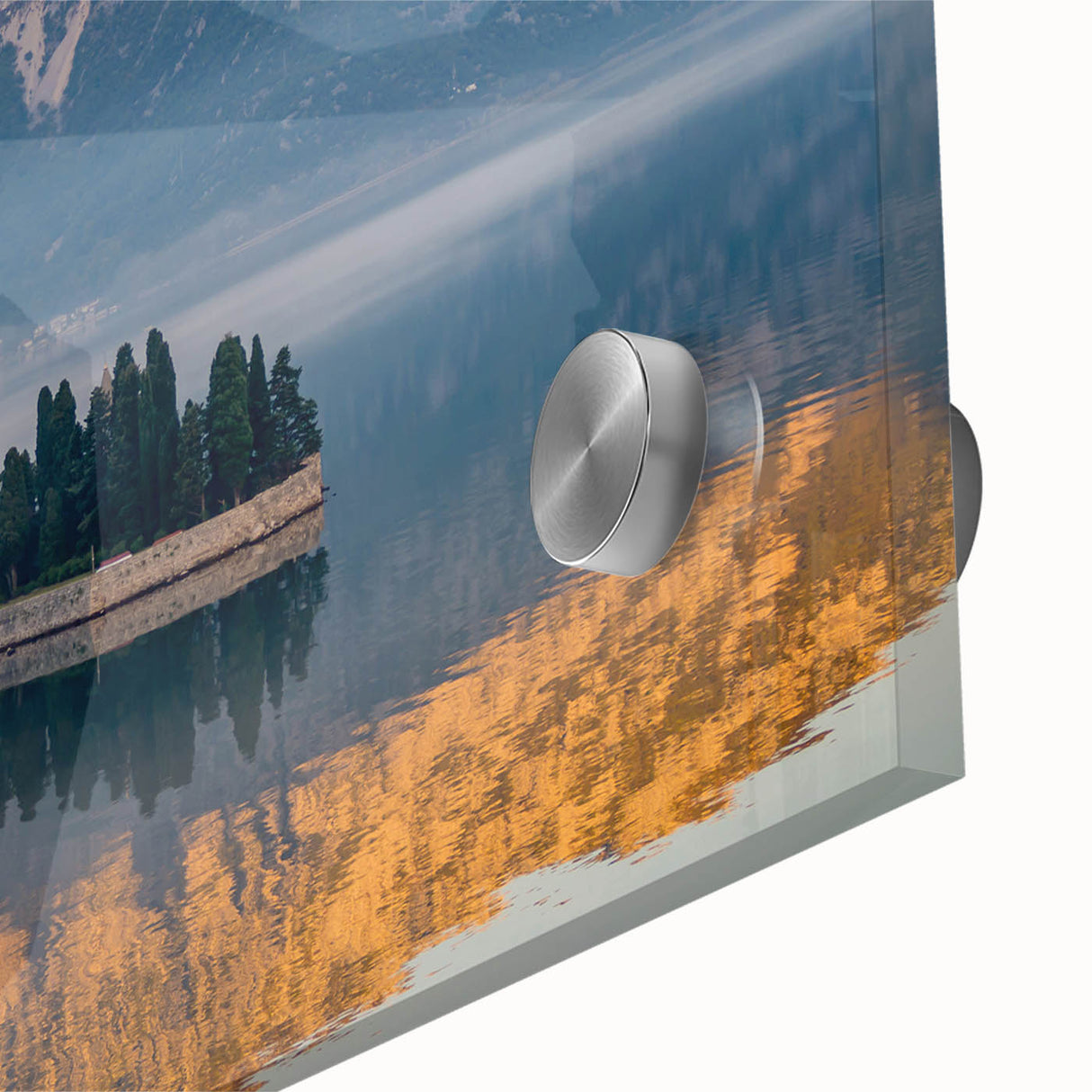 Large abstract wall art of a Montenegro scenery in muted earth tones on acrylic glass, ideal for dining room ambiance.
