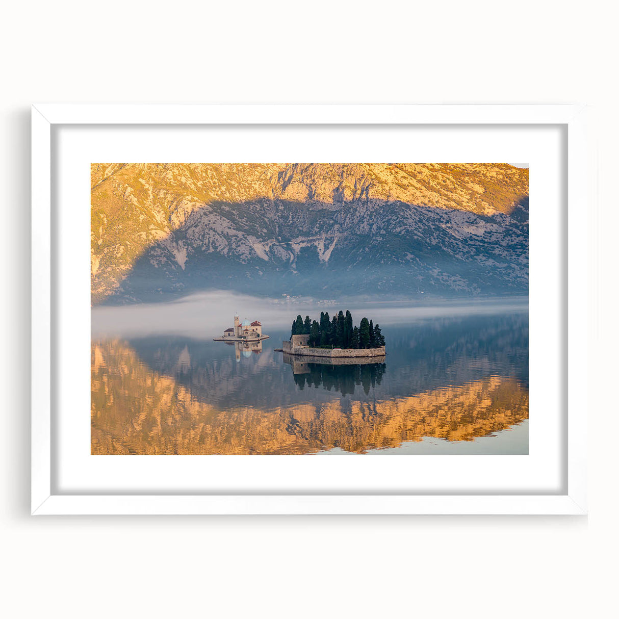 Textured abstract art print of a European Montenegro landscape in muted earth tones on a white framed canvas.