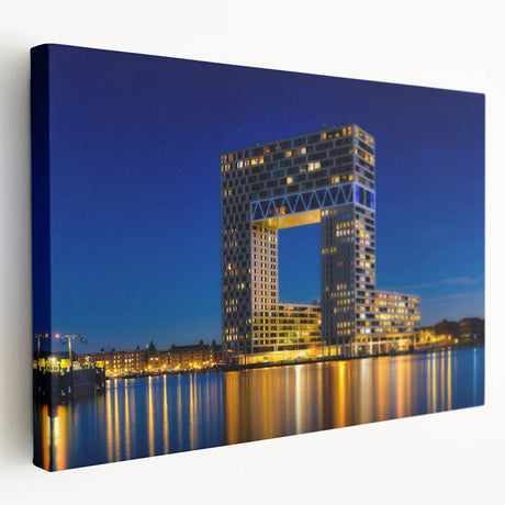 Amsterdam canal scene on stretched canvas with muted earth tones, ideal for kitchen wall art.