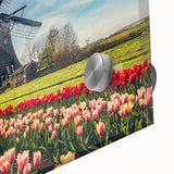 Large abstract wall art depicting a European scenery in muted greens on acrylic glass, suitable for dining room ambiance.