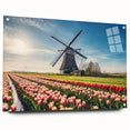 Acrylic print of a Dutch landscape with vivid green and blue tones, ideal for dining room decor.