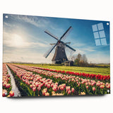 Acrylic print of a Dutch landscape with vivid green and blue tones, ideal for dining room decor.