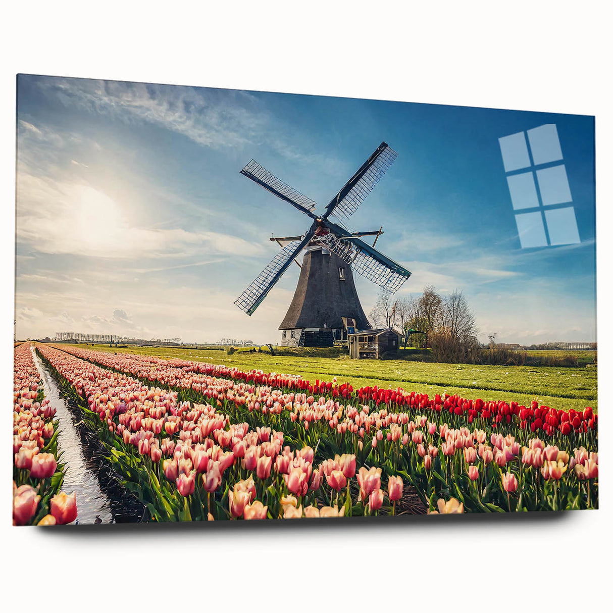 Large abstract wall art of a European scenery in muted earth tones on acrylic glass.