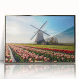 Mid-century modernist style large art print of a European Netherlands scenery in muted tones on framed acrylic.