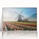 Mid-century modernist art depicting a European Netherlands scenery in muted hues on a white framed acrylic.