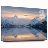 Acrylic print of a Norwegian landscape in muted blue and green tones, ideal for dining room decor.