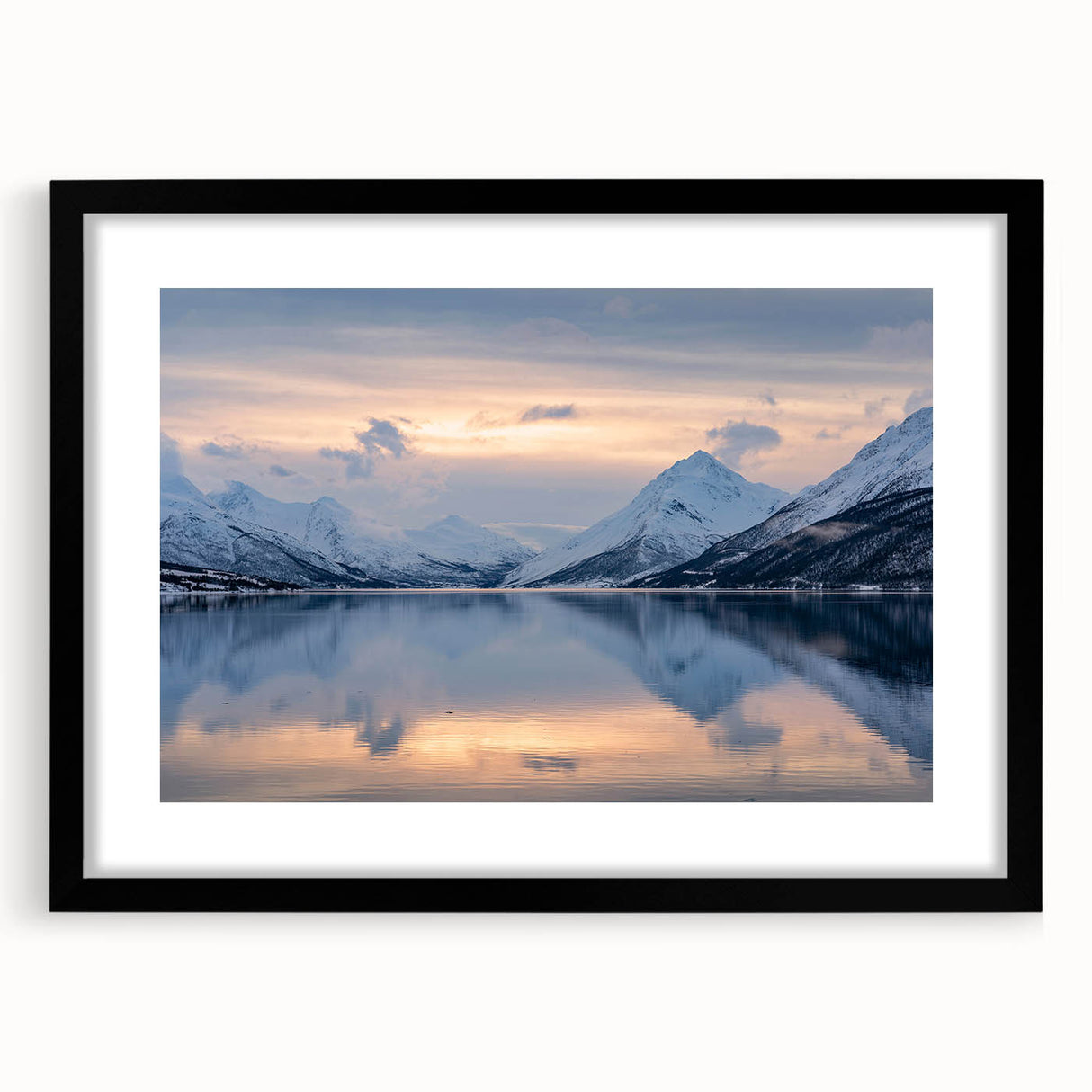 Extra large abstract art print of a colorful, textured Norwegian landscape on a black framed canvas.