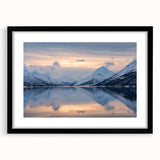 Extra large abstract art print of a colorful, textured Norwegian landscape on a black framed canvas.