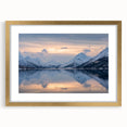 Abstract art print of a European Norway scenery in muted earth tones on a gold-framed canvas, ideal for dining room decor.