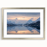 Extra large textured abstract art print of a Norwegian landscape in muted earth tones, framed in silver.
