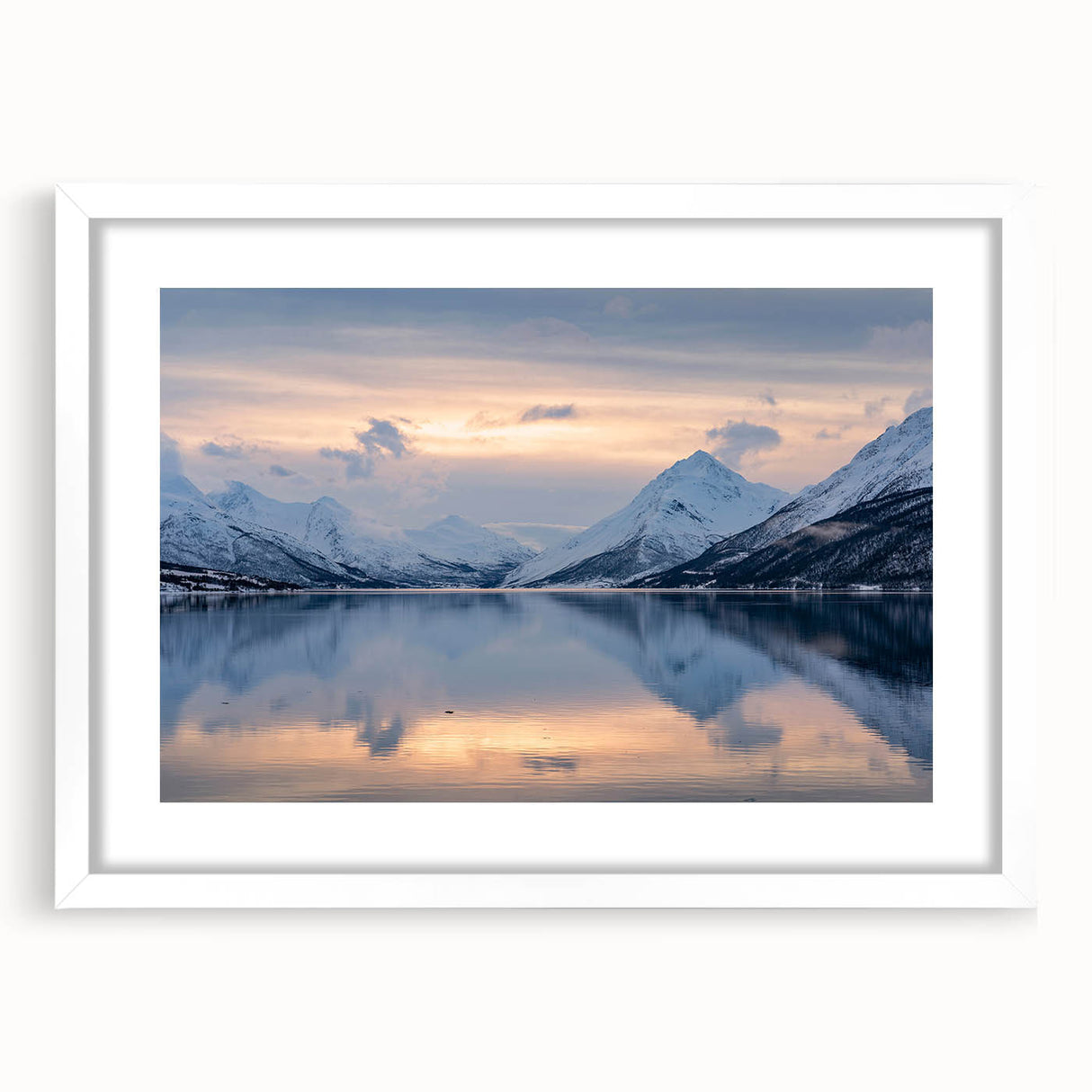 Textured abstract art print of a Norwegian landscape in muted earth tones on a framed white mat, suitable for bedroom decor.