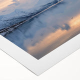 Art deco poster featuring a serene Norway landscape in muted blue and green hues on rolled canvas.