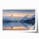 Extra large rolled print of a serene Norwegian landscape in muted green and blue tones, ideal for dining room decor.