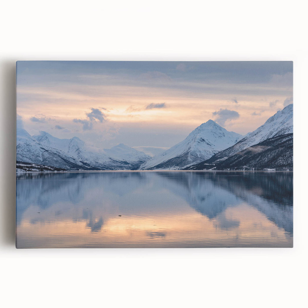 Black and white photograph of a Norwegian fjord on large stretched canvas, ideal for kitchen wall art or bedroom decor.