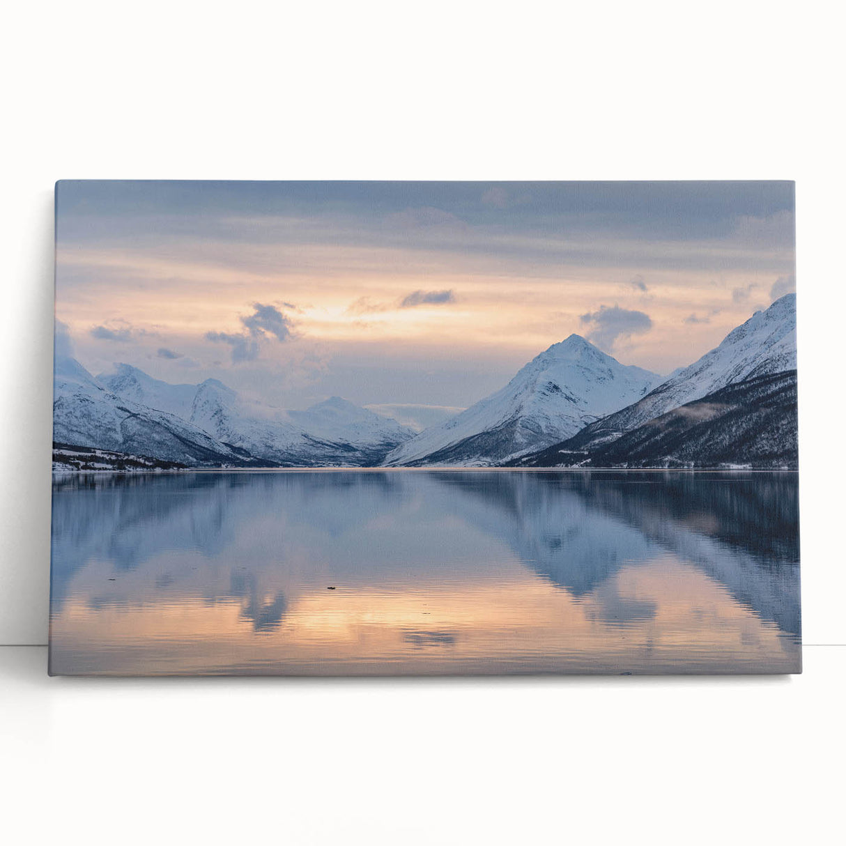 Black and white photo of a Norwegian fjord on large stretched canvas, ideal for kitchen art.