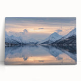Black and white photo of a Norwegian fjord on large stretched canvas, ideal for kitchen art.