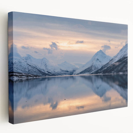 Large stretched canvas depicting a serene European Norway landscape in muted earth tones, ideal for kitchen wall art.